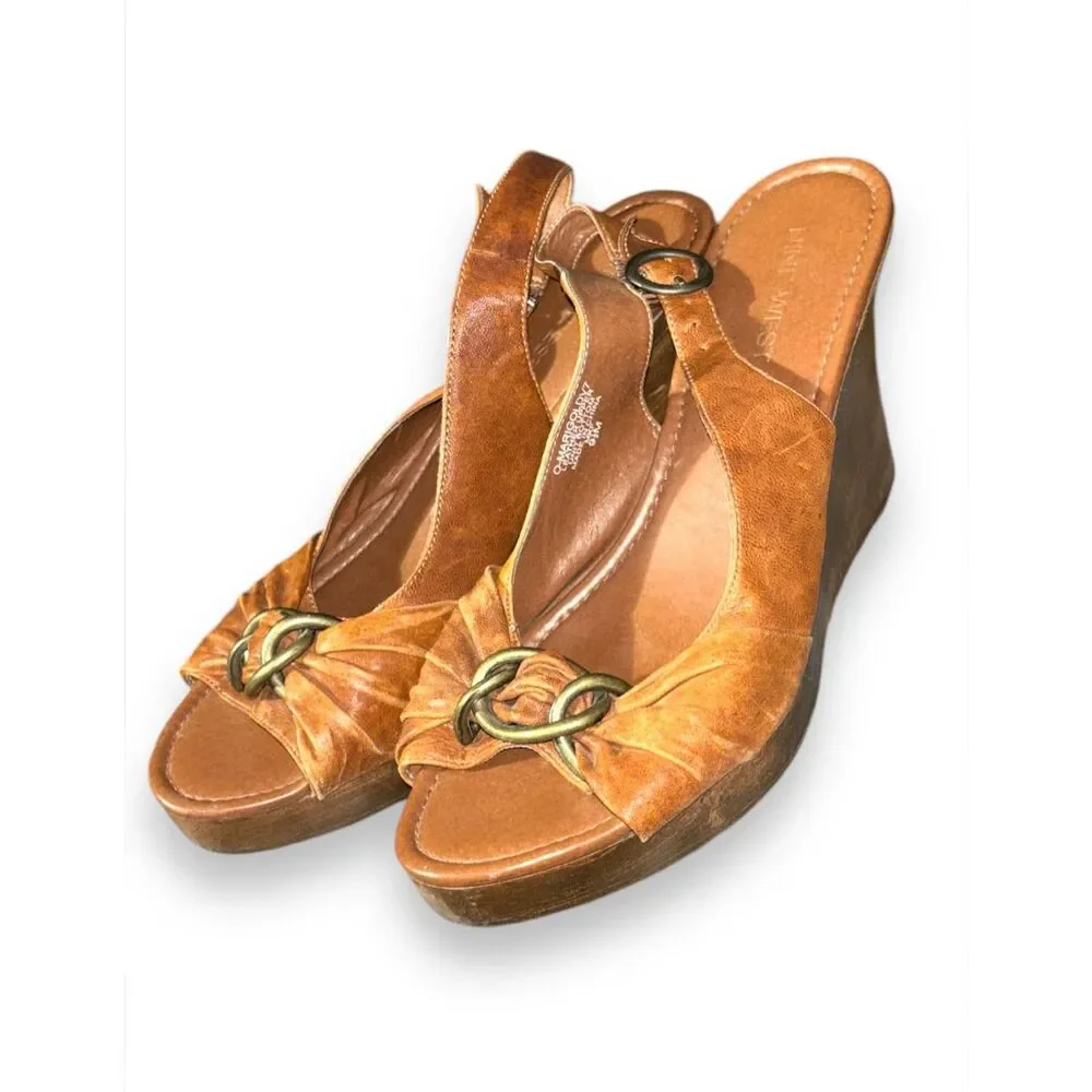 Y2K Vintage sz 9.5 Nine West Womens Brown Leather Accent Open Toe Wedge Sandals